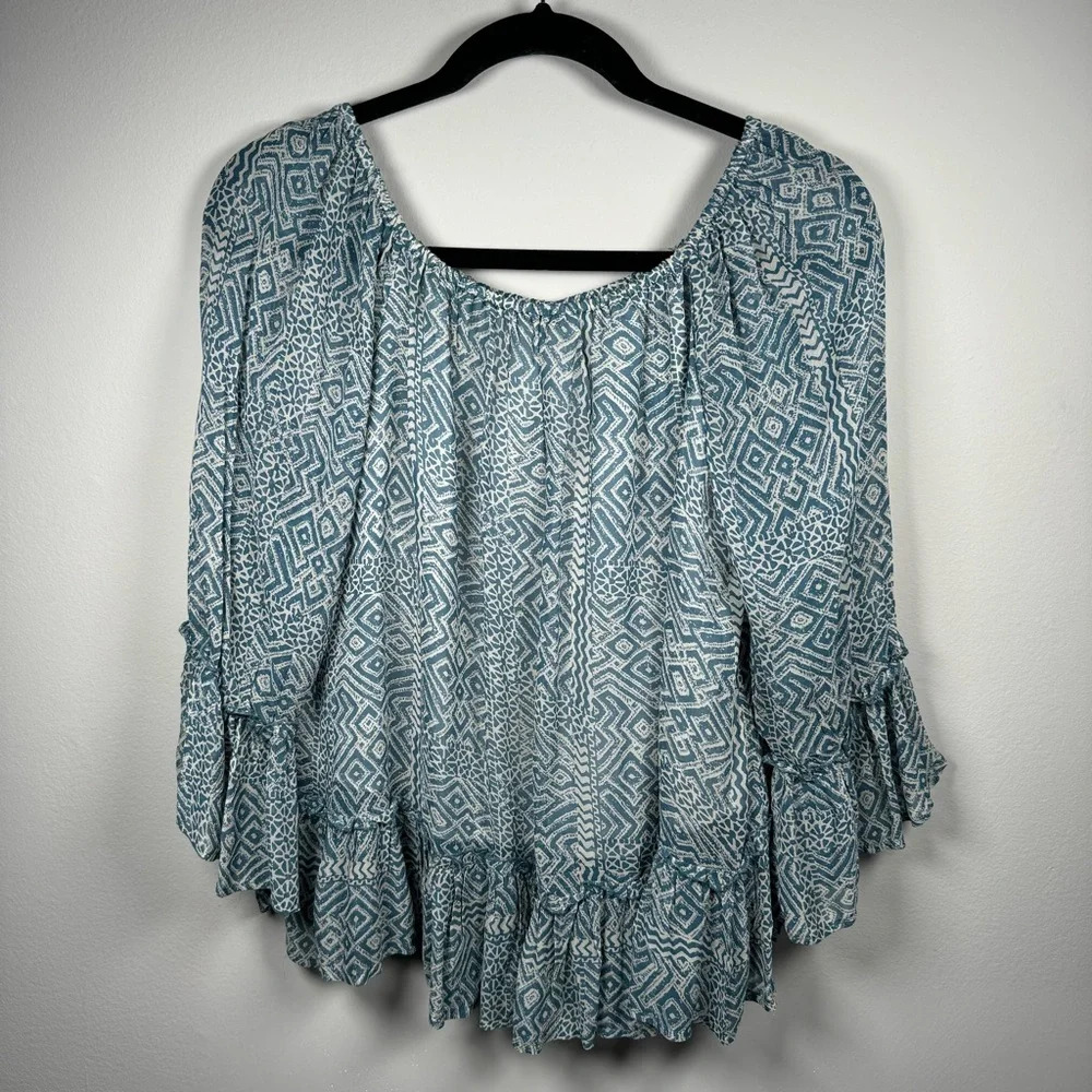 Lucky Brand Tunic Womens Medium Blue Sheer Lined Flare Slv On Off Shoulder Boho
